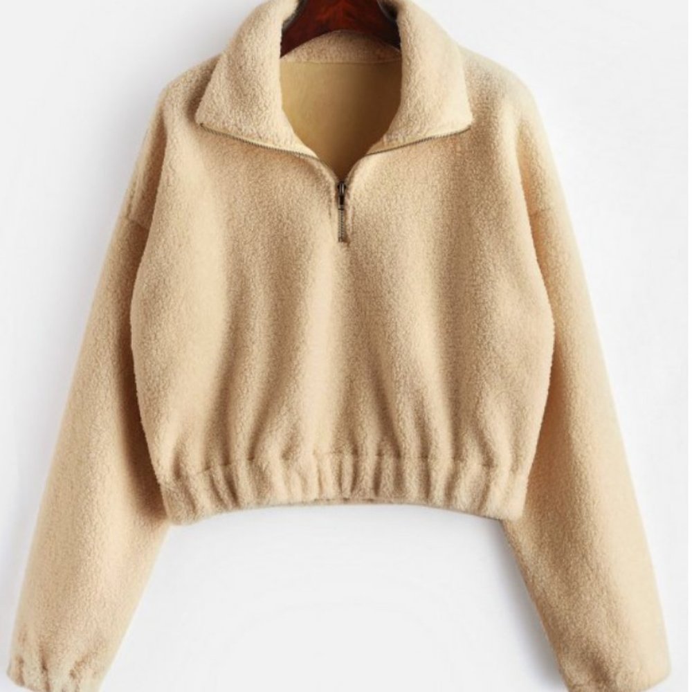 Half-Zip Faux Fur Teddy Jacket (Tan)
